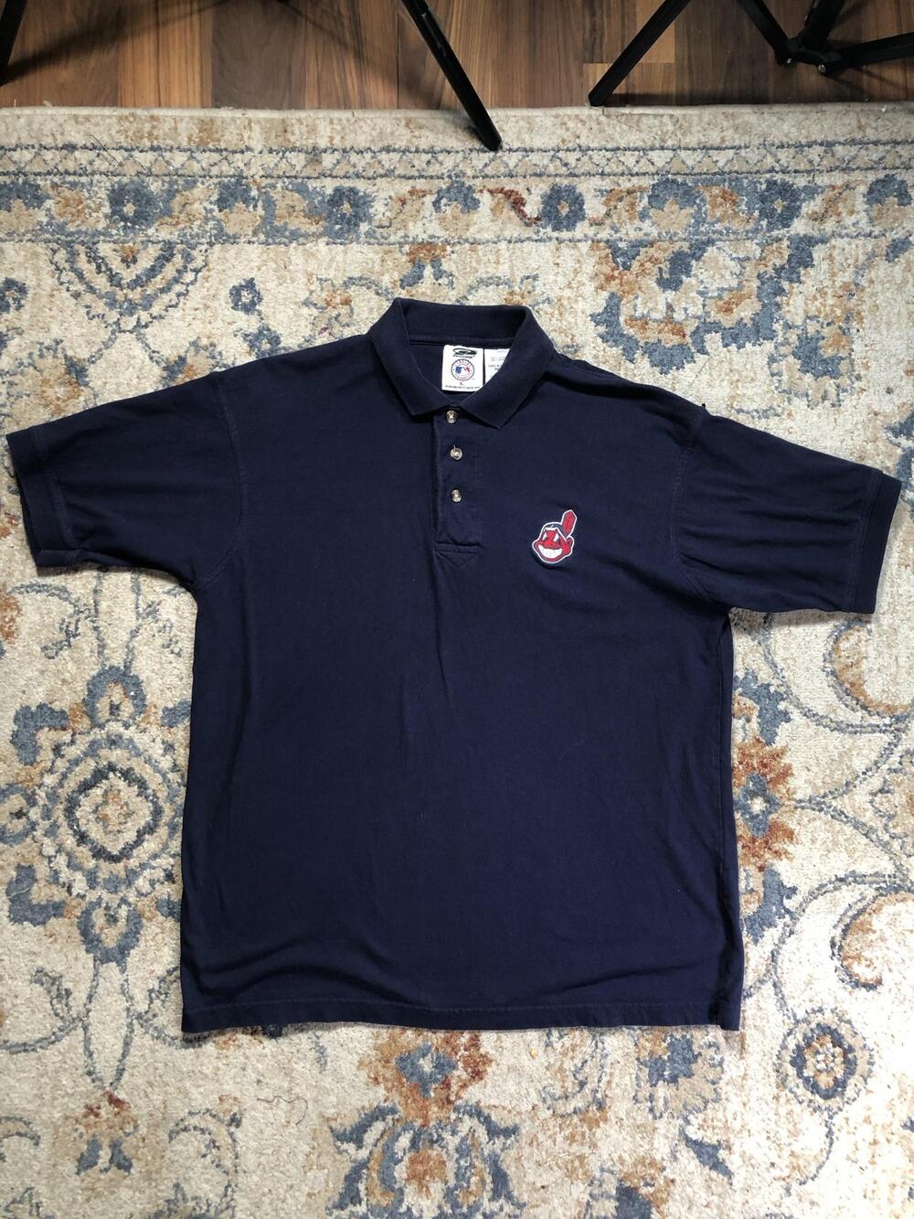 Vintage Cleveland Indians Polo Shirt Mens Large Blue MLB Baseball Pro Edge 90s